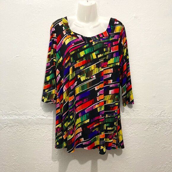 Fashque Studio Top Tunic Stretch Pullover Abstract Black Vibrant Cross back XL - Picture 1 of 10